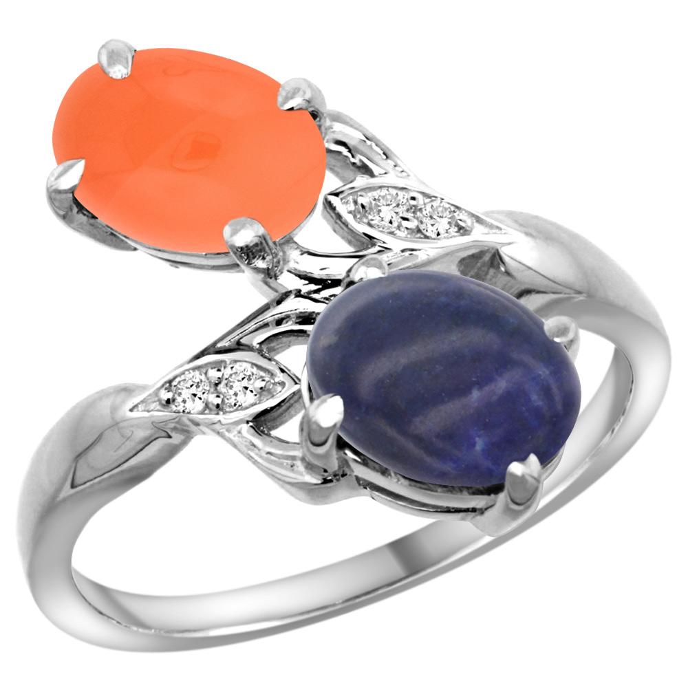 10K White Gold Diamond Natural Lapis & Orange Moonstone 2-stone Ring Oval 8x6mm, sizes 5 - 10