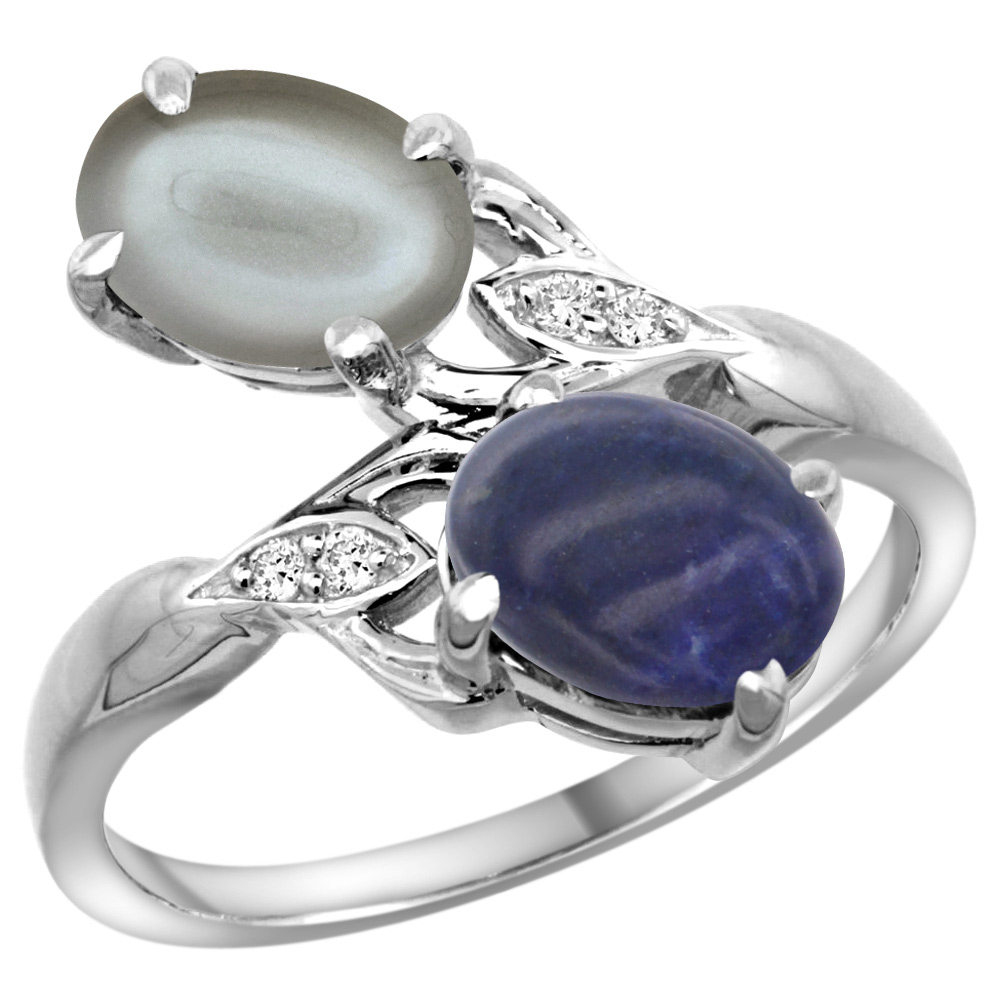 10K White Gold Diamond Natural Lapis &amp; Gray Moonstone 2-stone Ring Oval 8x6mm, sizes 5 - 10