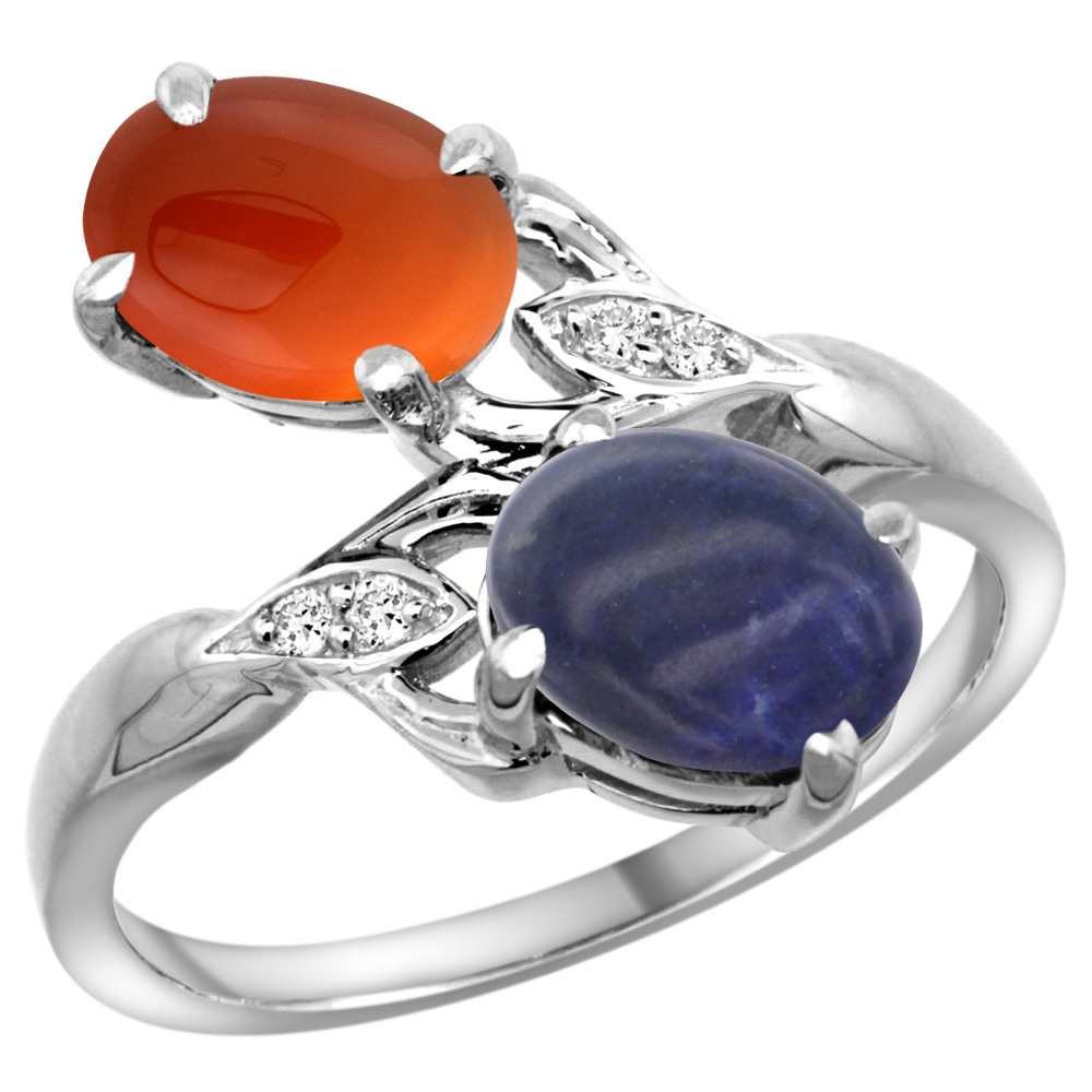 10K White Gold Diamond Natural Lapis &amp; Brown Agate 2-stone Ring Oval 8x6mm, sizes 5 - 10