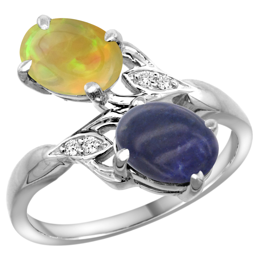 10K White Gold Diamond Natural Lapis &amp; Ethiopian Opal 2-stone Mothers Ring Oval 8x6mm, size 5 - 10