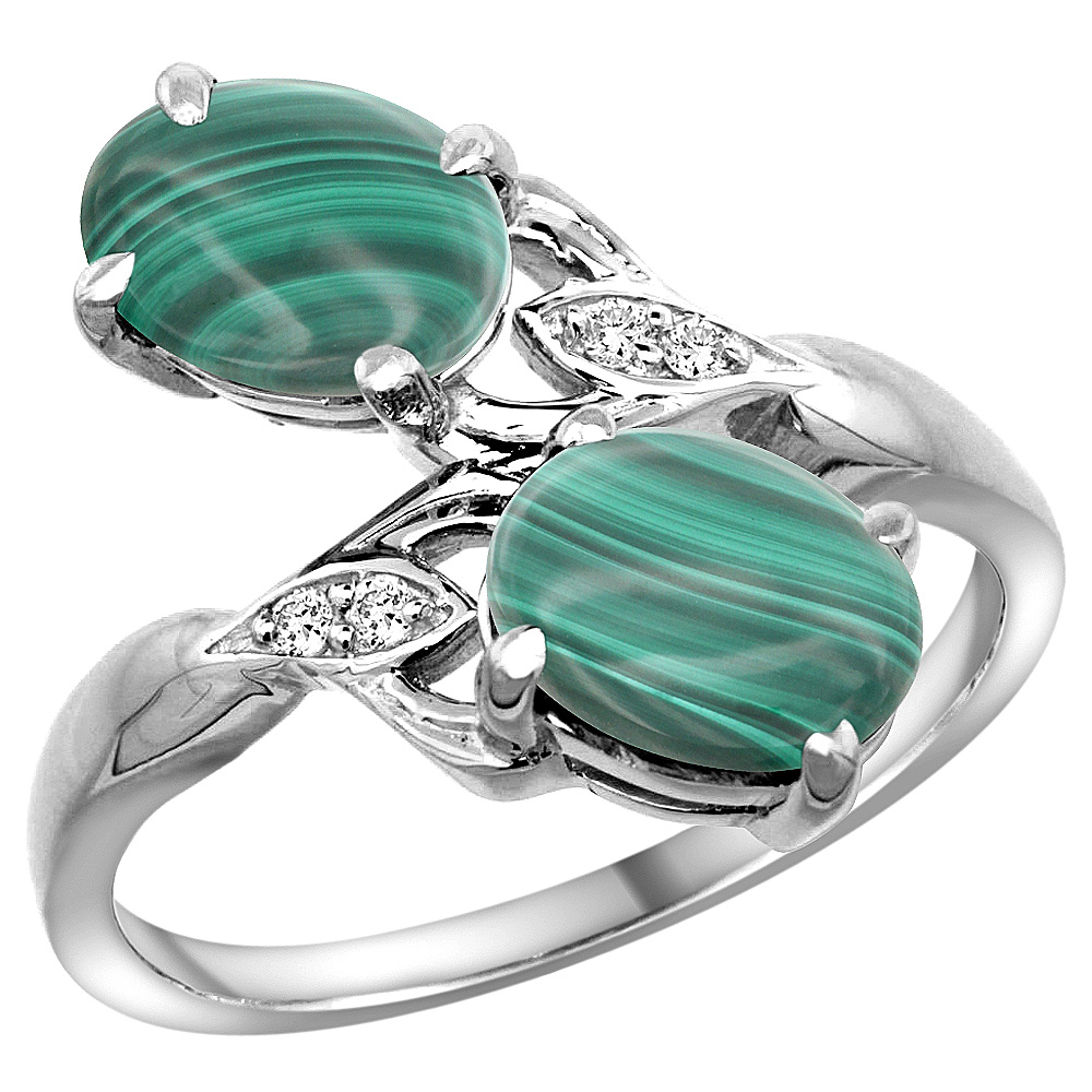 10K White Gold Diamond Natural Malachite 2-stone Ring Oval 8x6mm, sizes 5 - 10