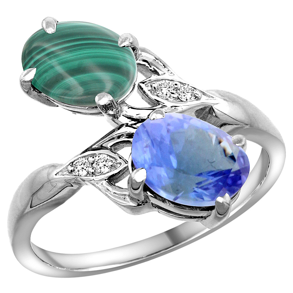 10K White Gold Diamond Natural Malachite &amp; Tanzanite 2-stone Ring Oval 8x6mm, sizes 5 - 10