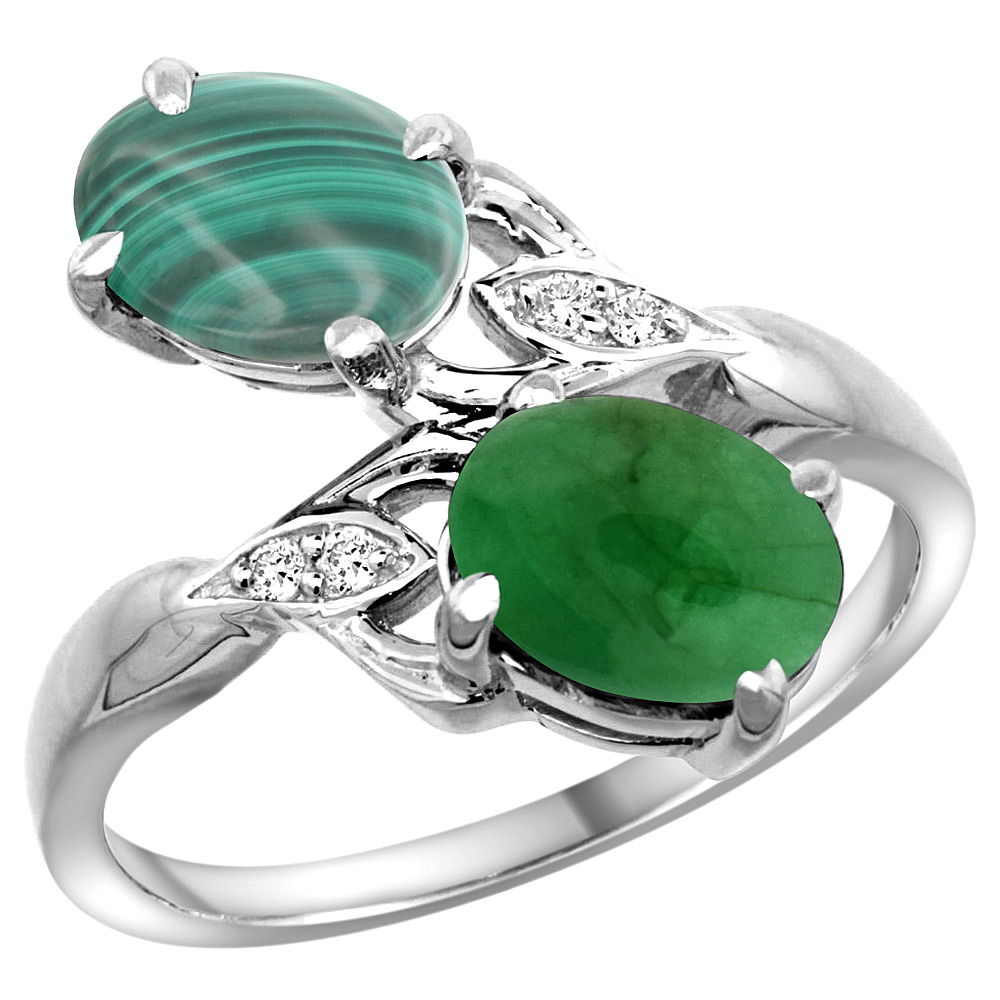 10K White Gold Diamond Natural Malachite & Cabochon Emerald 2-stone Ring Oval 8x6mm, sizes 5 - 10