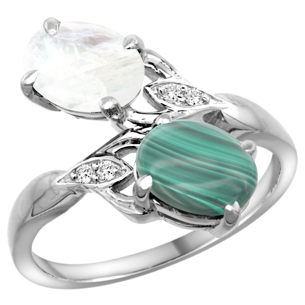 10K White Gold Diamond Natural Malachite & Rainbow Moonstone 2-stone Ring Oval 8x6mm, sizes 5 - 10