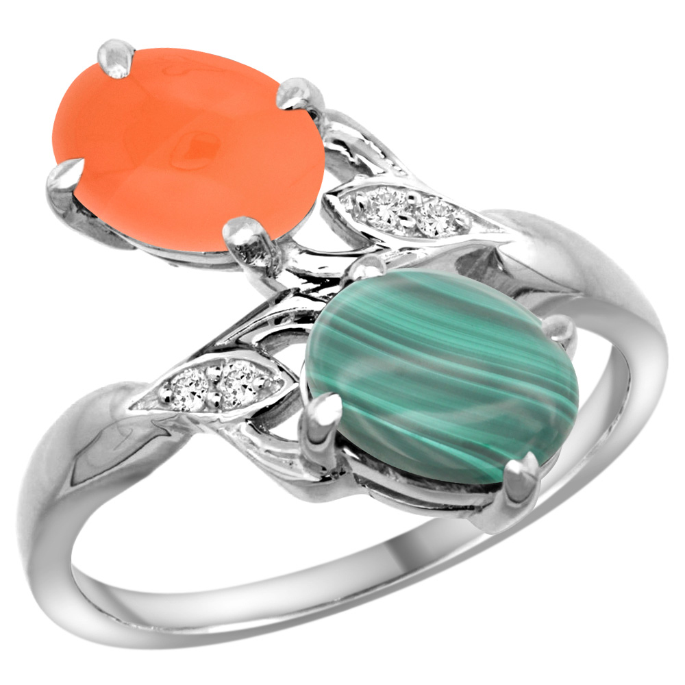 10K White Gold Diamond Natural Malachite &amp; Orange Moonstone 2-stone Ring Oval 8x6mm, sizes 5 - 10