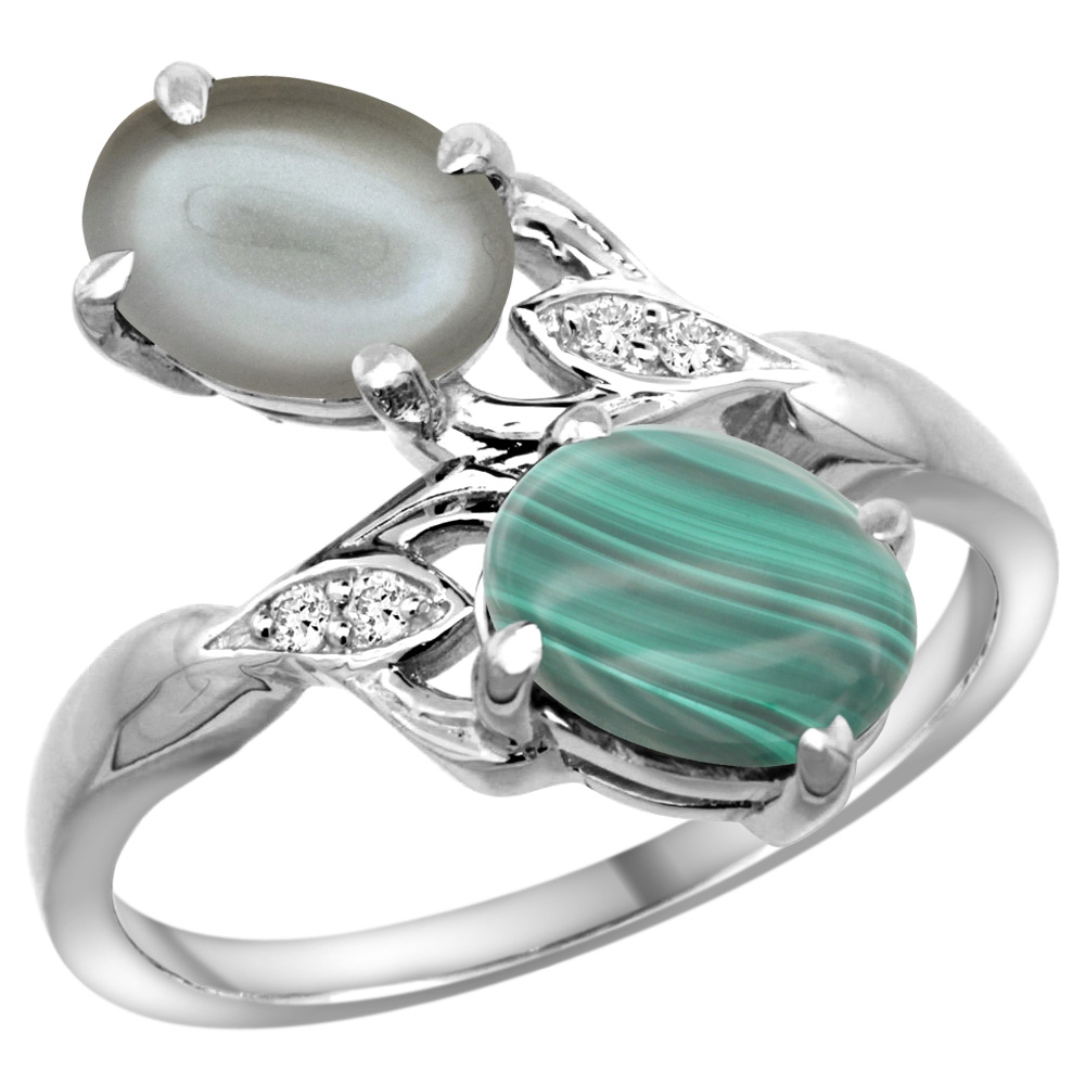 10K White Gold Diamond Natural Malachite &amp; Gray Moonstone 2-stone Ring Oval 8x6mm, sizes 5 - 10