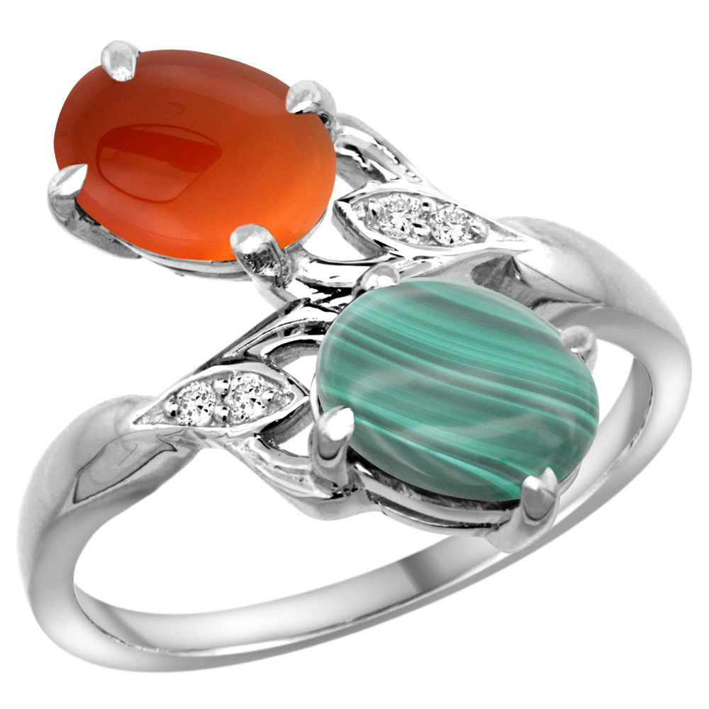 10K White Gold Diamond Natural Malachite &amp; Brown Agate 2-stone Ring Oval 8x6mm, sizes 5 - 10