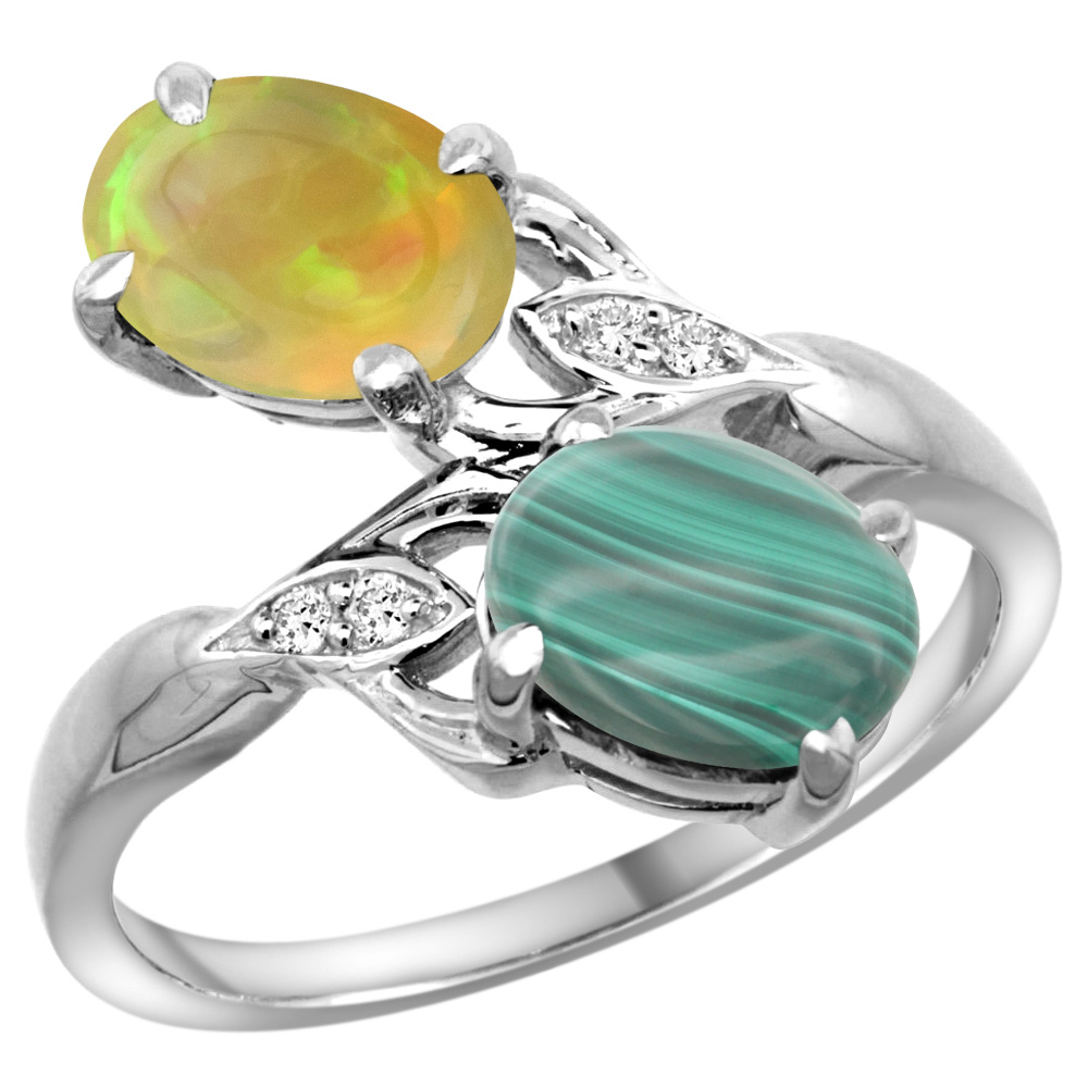 10K White Gold Diamond Natural Malachite & Ethiopian Opal 2-stone Mothers Ring Oval 8x6mm, size 5 - 10