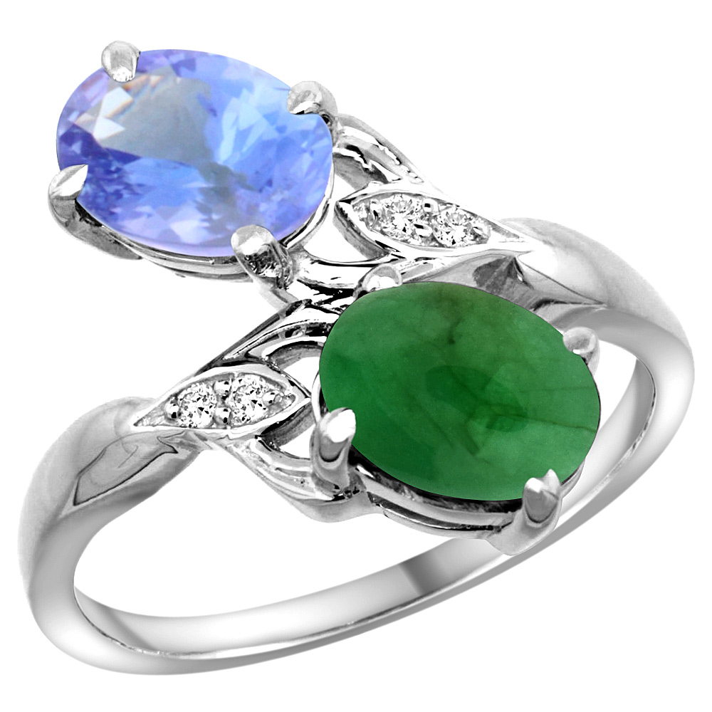 10K White Gold Diamond Natural Tanzanite &amp; Cabochon Emerald 2-stone Ring Oval 8x6mm, sizes 5 - 10