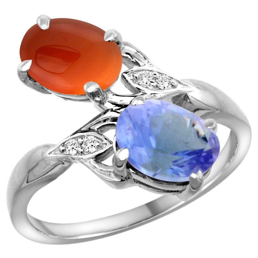 10K White Gold Diamond Natural Tanzanite & Brown Agate 2-stone Ring Oval 8x6mm, sizes 5 - 10