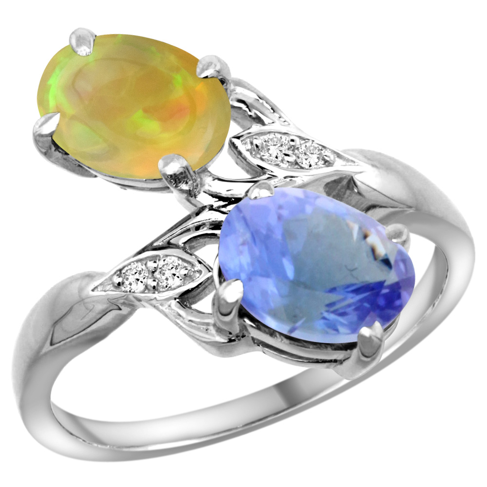 10K White Gold Diamond Natural Tanzanite &amp; Ethiopian Opal 2-stone Mothers Ring Oval 8x6mm, size 5 - 10