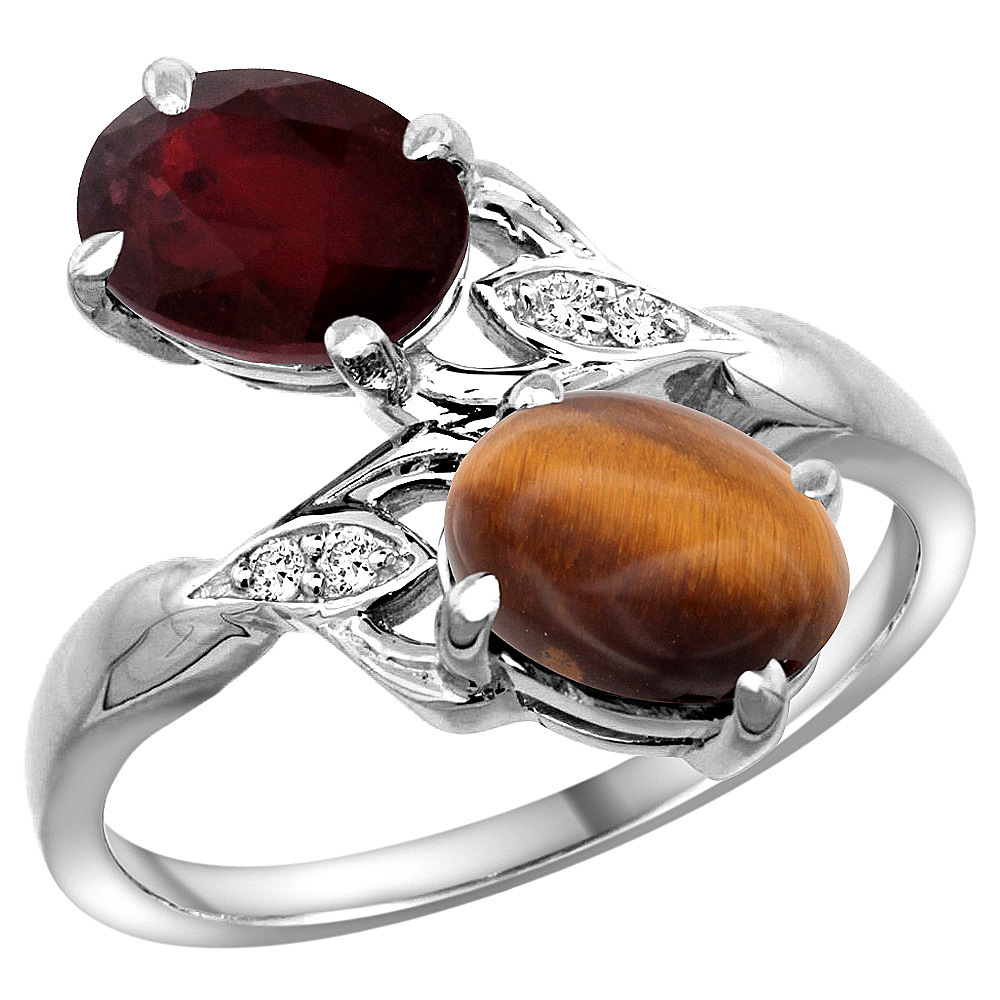 10K White Gold Diamond Natural Quality Ruby & Tiger Eye 2-stone Mothers Ring Oval 8x6mm, size 5 - 10