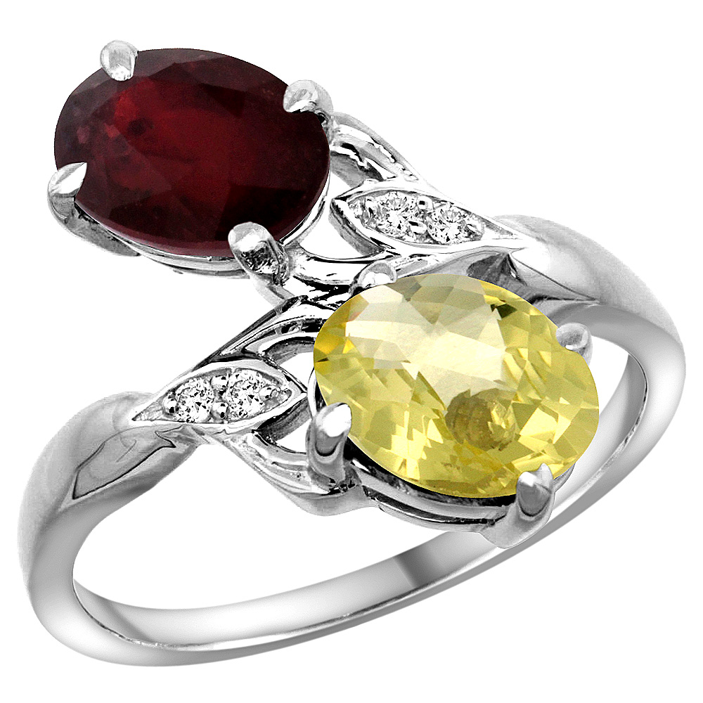 10K White Gold Diamond Natural Quality Ruby &amp; Lemon Quartz 2-stone Mothers Ring Oval 8x6mm, size 5 - 10