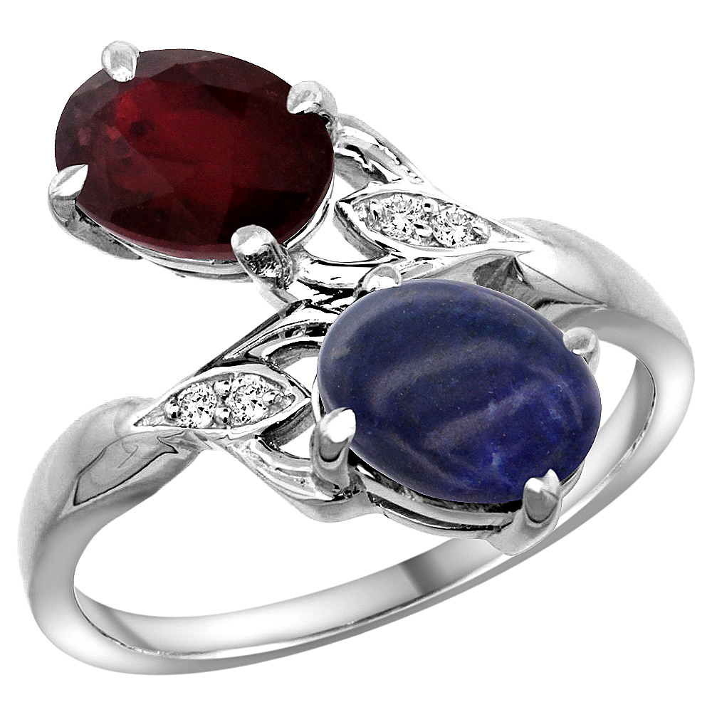 10K White Gold Diamond Natural Quality Ruby &amp; Lapis 2-stone Mothers Ring Oval 8x6mm, size 5 - 10