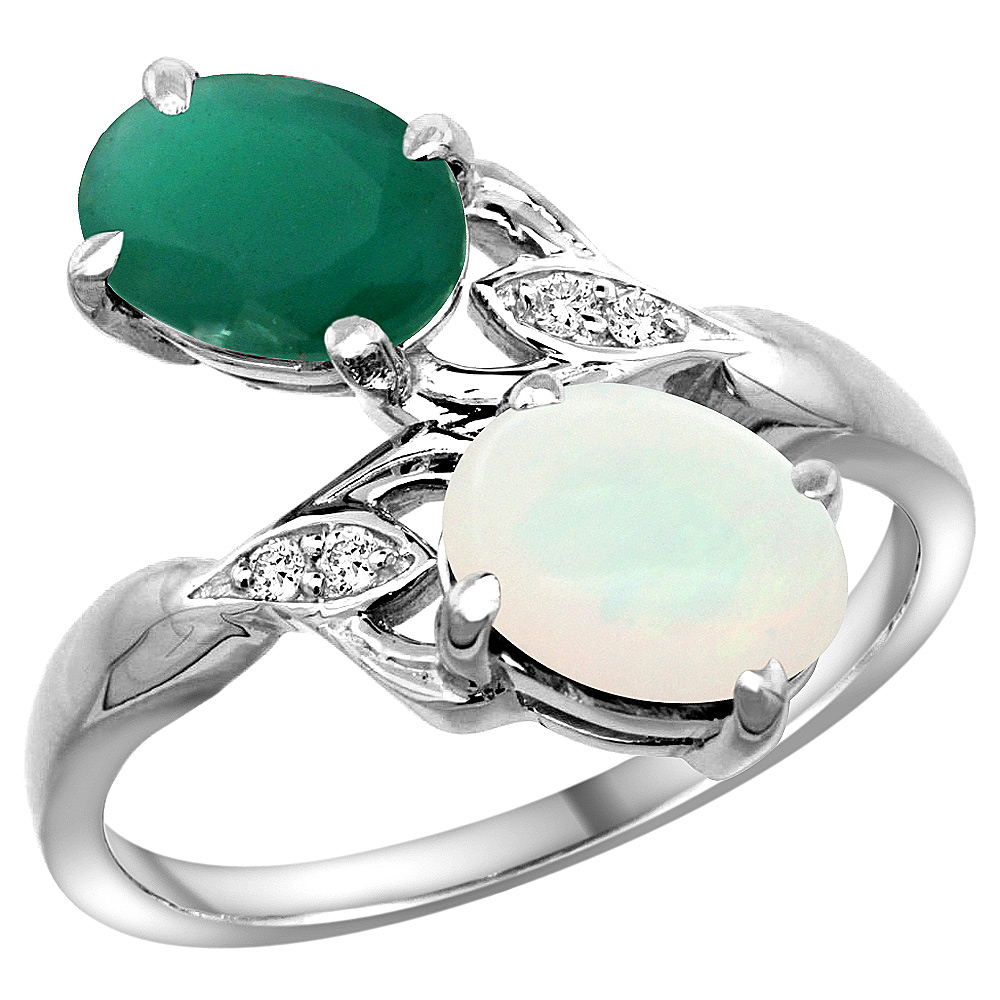 10K White Gold Diamond Natural Quality Emerald & Opal 2-stone Mothers Ring Oval 8x6mm, size 5 - 10