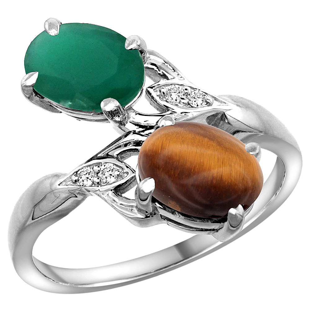 10K White Gold Diamond Natural Quality Emerald & Tiger Eye 2-stone Mothers Ring Oval 8x6mm, size 5 - 10