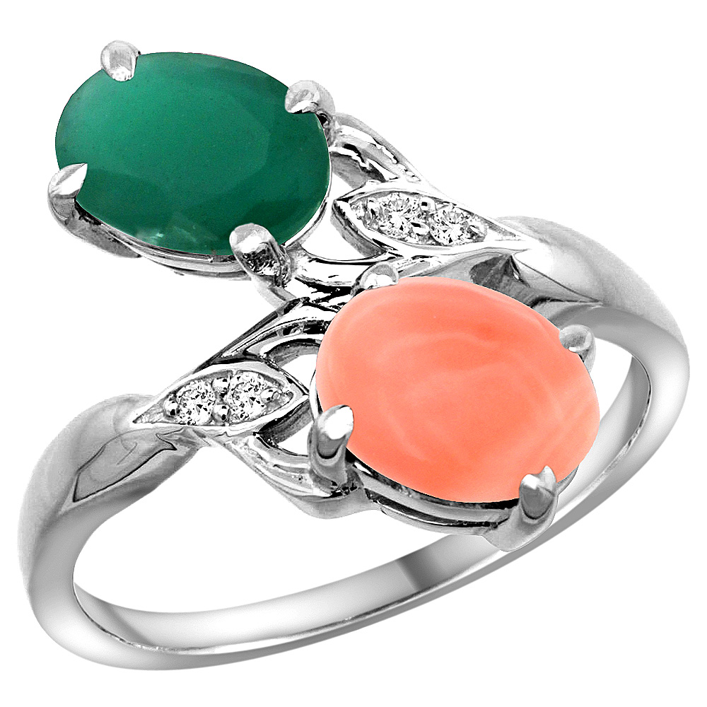 10K White Gold Diamond Natural Quality Emerald & Coral 2-stone Mothers Ring Oval 8x6mm, size 5 - 10