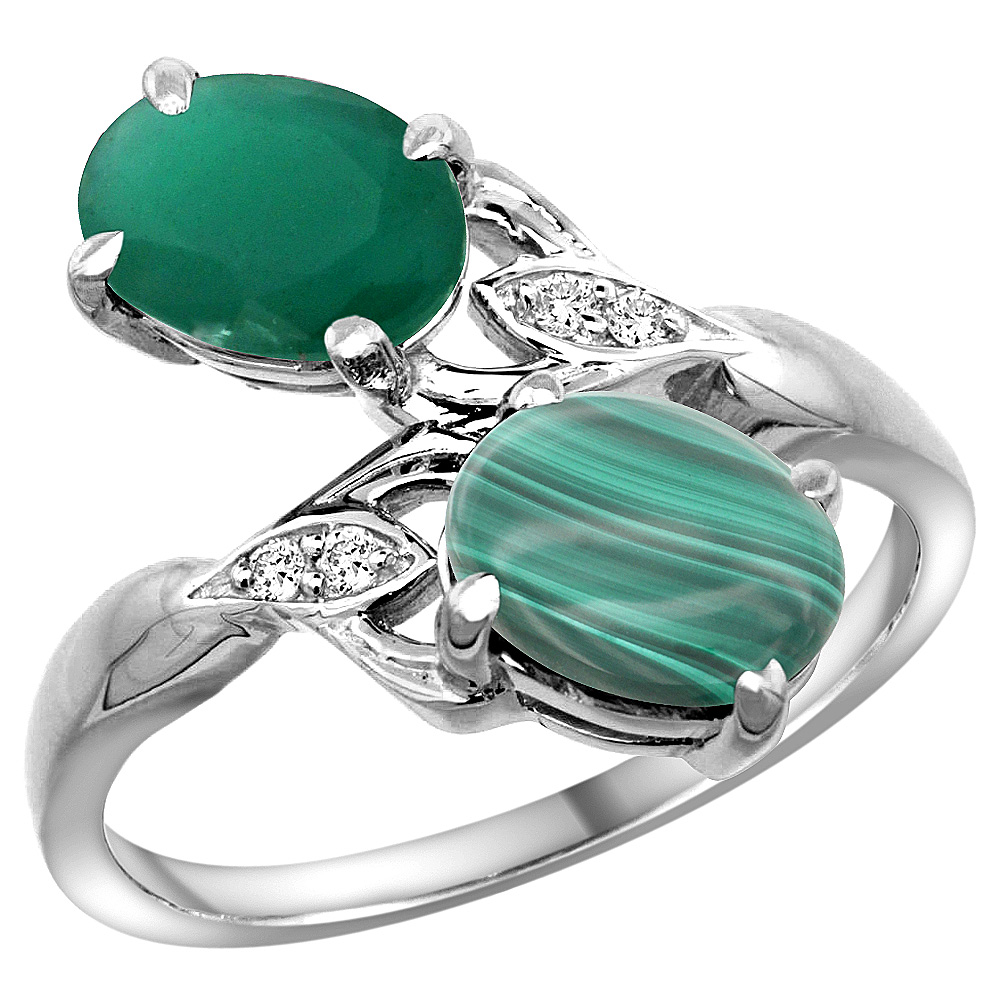 10K White Gold Diamond Natural Quality Emerald & Malachite 2-stone Mothers Ring Oval 8x6mm, size 5 - 10