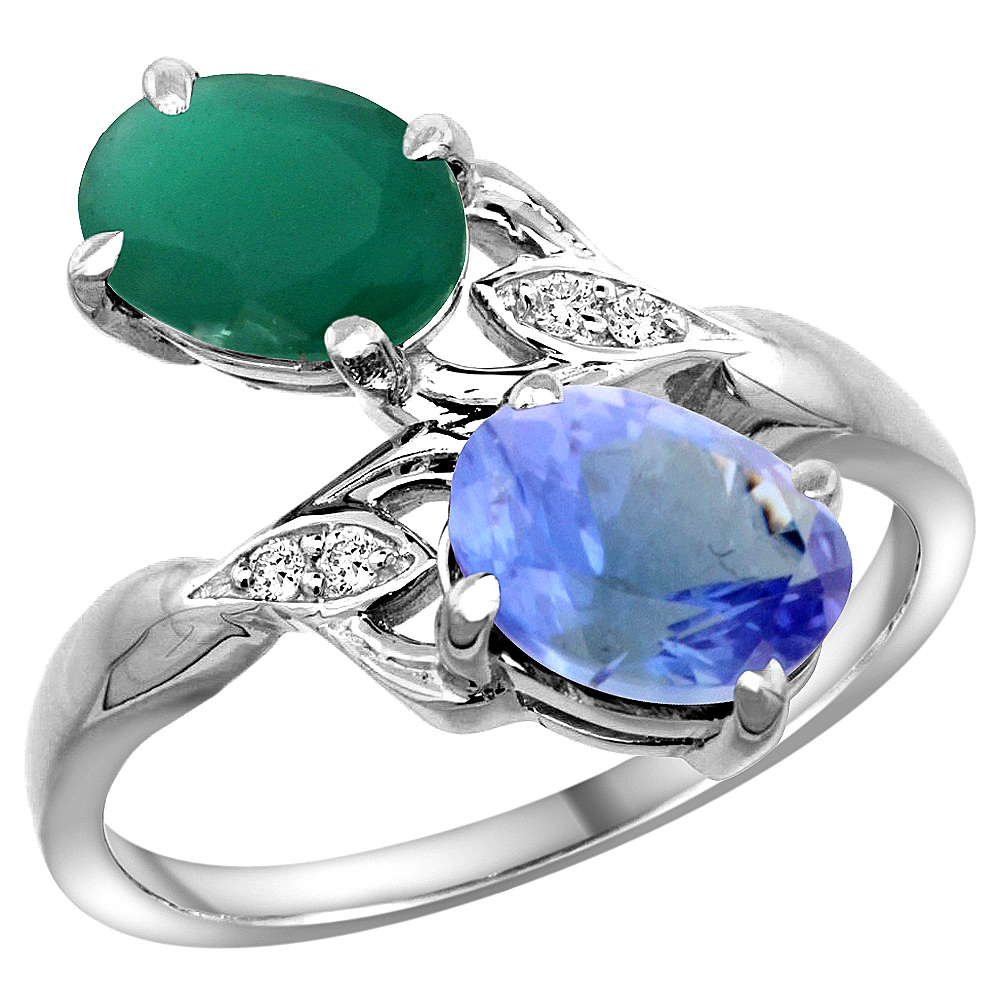 10K White Gold Diamond Natural Quality Emerald & Tanzanite 2-stone Mothers Ring Oval 8x6mm, size 5 - 10