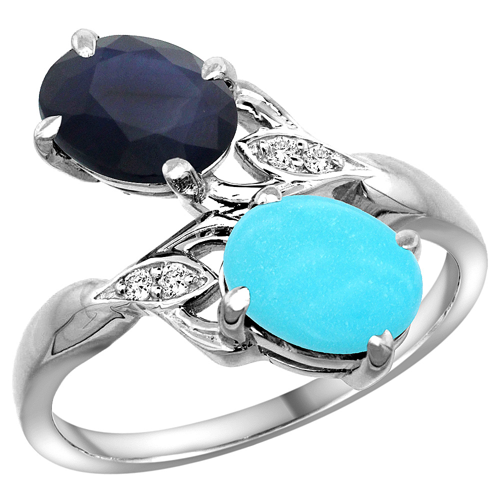 10K White Gold Diamond Natural Quality Blue Sapphire &amp; Turquoise 2-stone Mothers Ring Oval 8x6mm,sz5 - 10