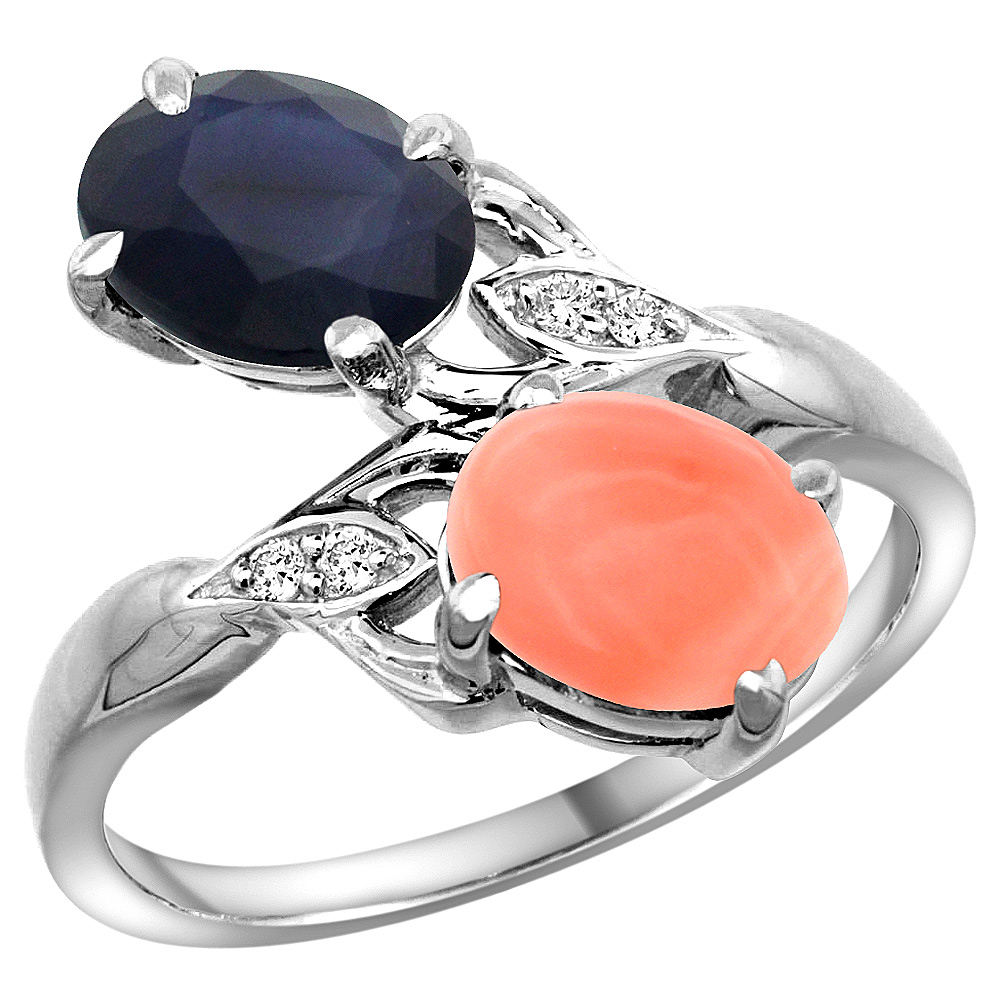 10K White Gold Diamond Natural Quality Blue Sapphire & Coral 2-stone Mothers Ring Oval 8x6mm, size 5 - 10