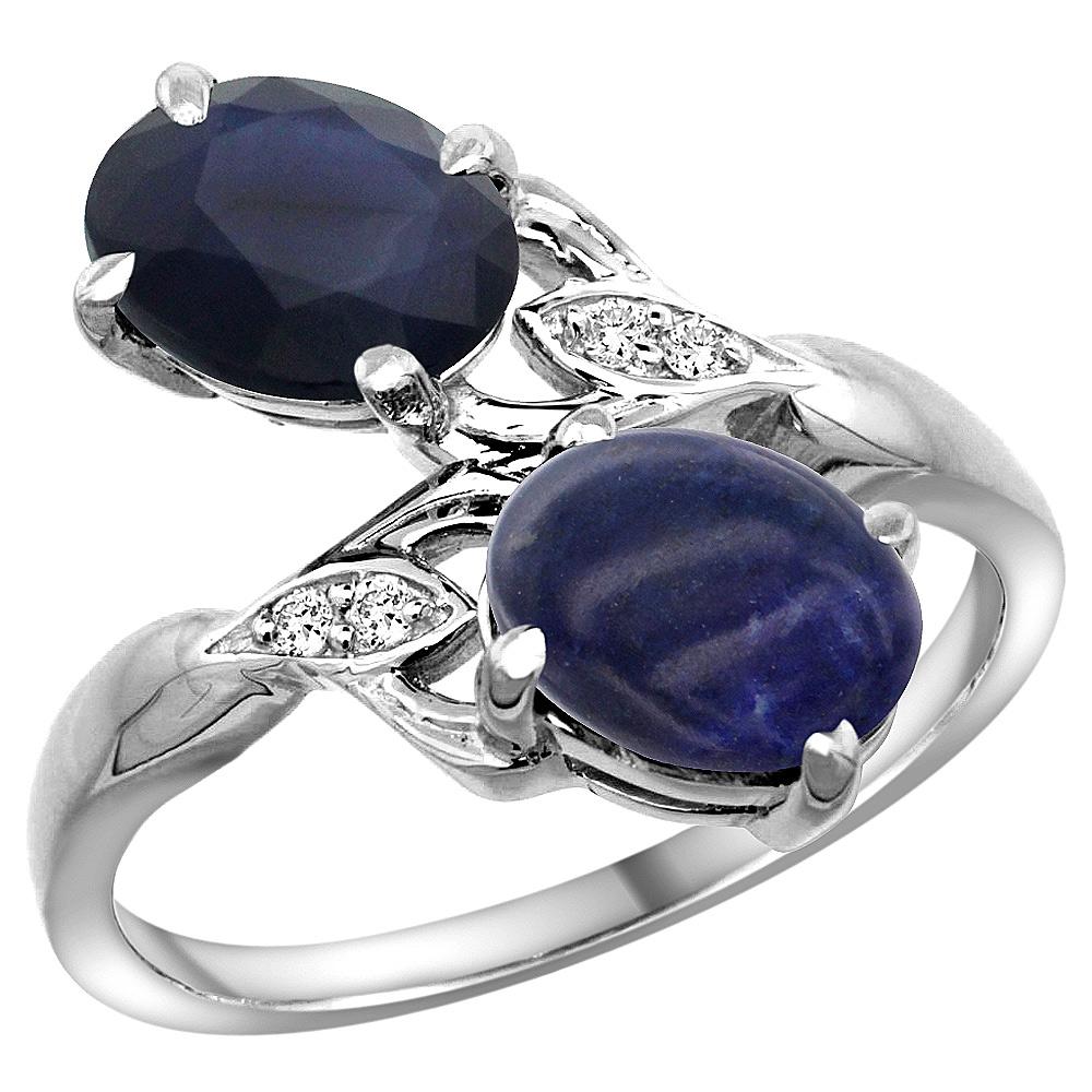 10K White Gold Diamond Natural Quality Blue Sapphire & Lapis 2-stone Mothers Ring Oval 8x6mm, size 5 - 10