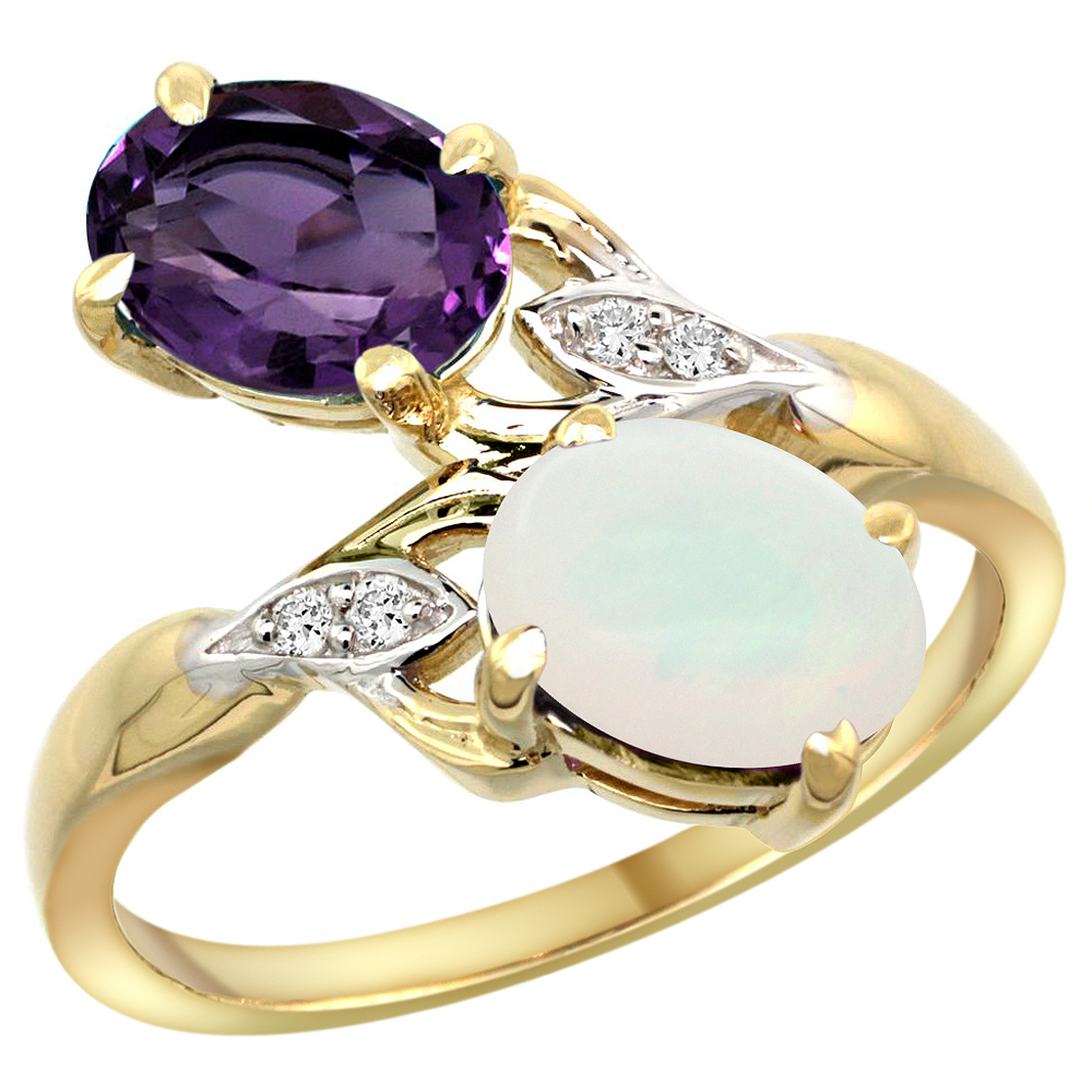 14k Yellow Gold Diamond Natural Amethyst &amp; Opal 2-stone Ring Oval 8x6mm, sizes 5 - 10