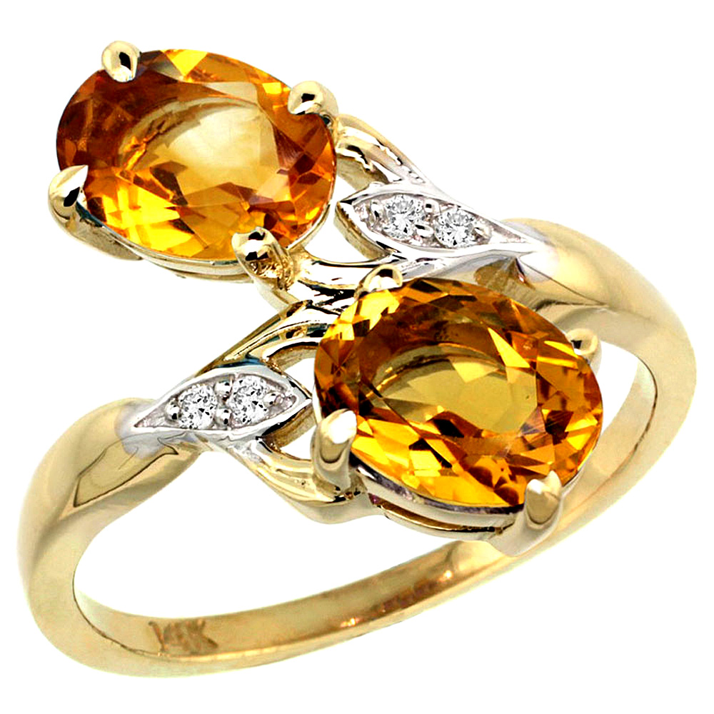 14k Yellow Gold Diamond Natural Citrine 2-stone Ring Oval 8x6mm, sizes 5 - 10