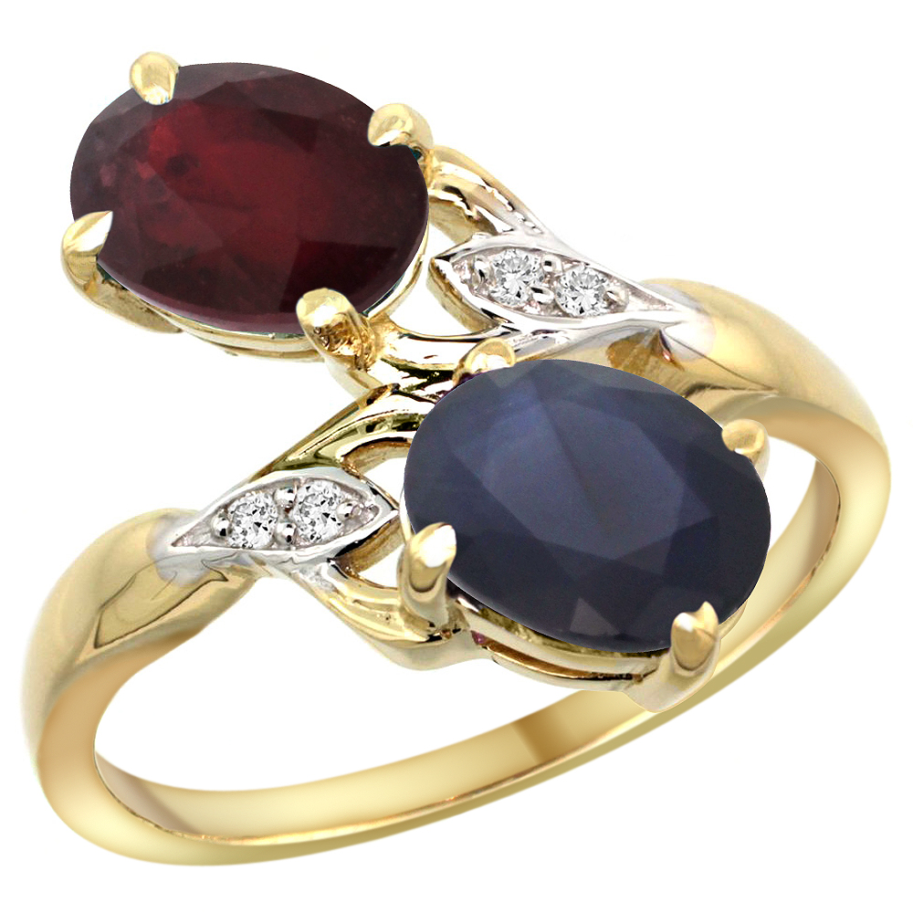 14k Yellow Gold Diamond Enhanced Genuine Ruby&Natural Quality Blue Sapphire 2-stone Ring Oval8x6mm,sz5-10