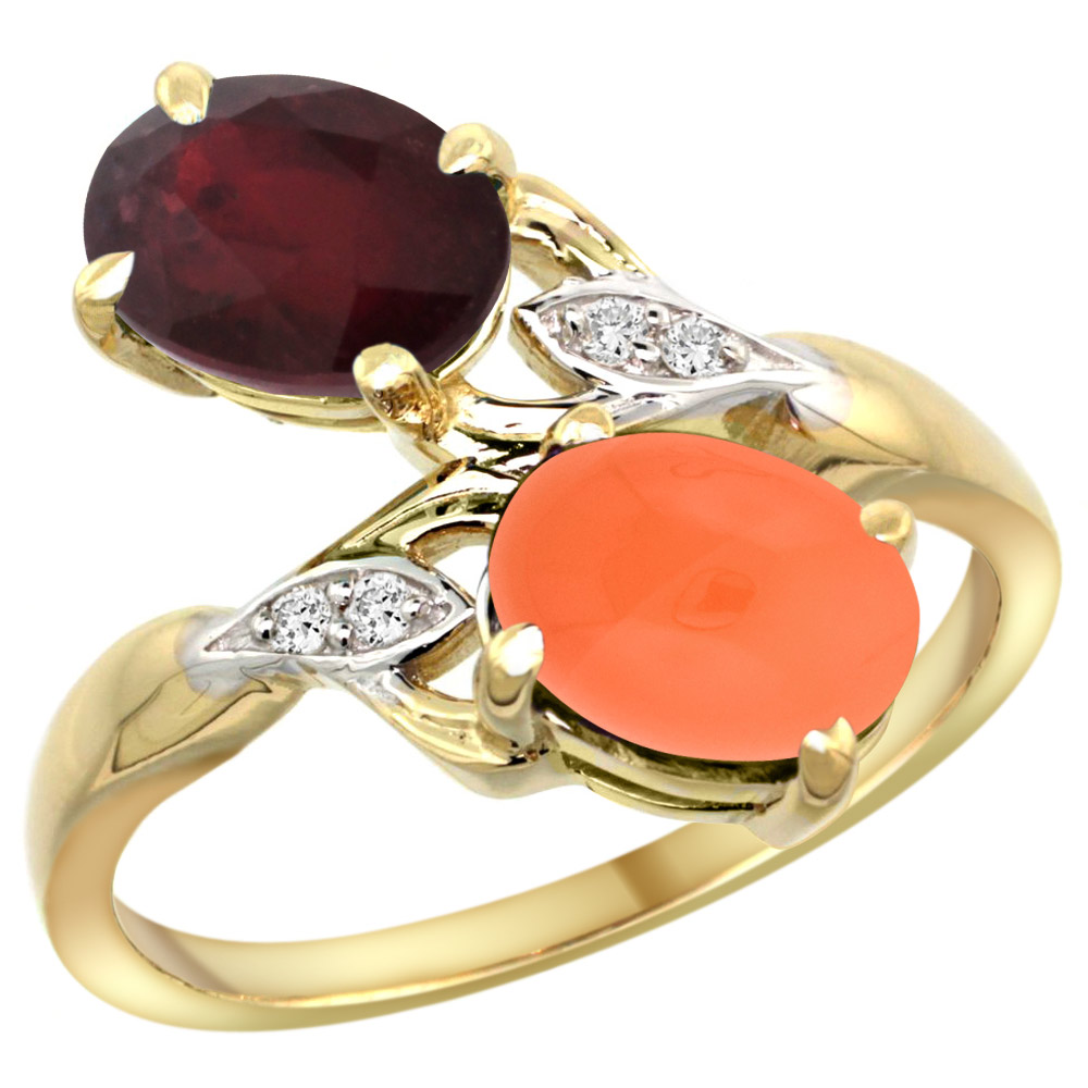 14k Yellow Gold Diamond Enhanced Genuine Ruby &amp; Natural Orange Moonstone 2-stone Ring Oval 8x6mm, sizes 5 - 10