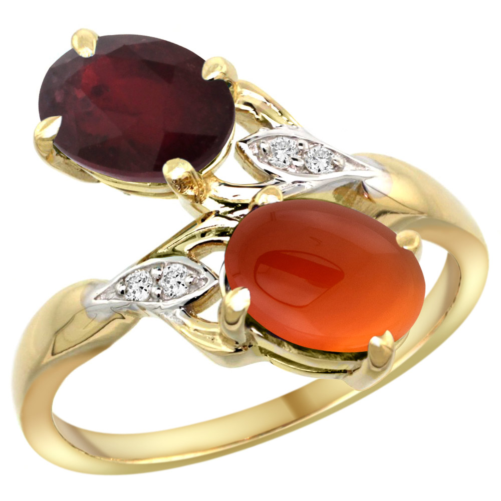 14k Yellow Gold Diamond Enhanced Genuine Ruby &amp; Natural Brown Agate 2-stone Ring Oval 8x6mm, sizes 5 - 10