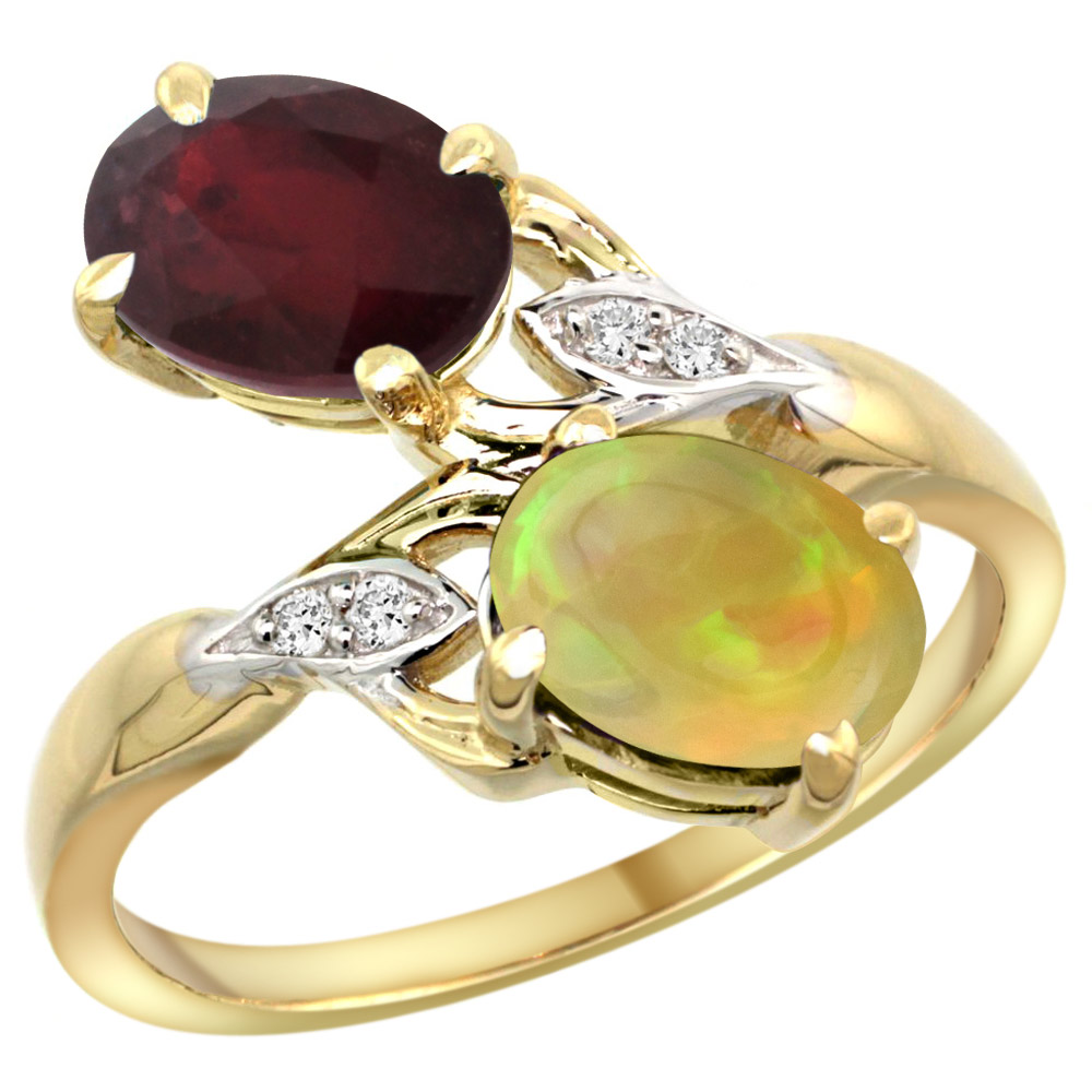 14k Yellow Gold Diamond Enhanced Genuine Ruby&amp;Natural Ethiopian Opal 2-stone Ring Oval 8x6mm,sz5 - 10