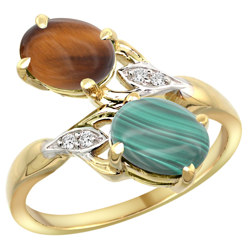 14k Yellow Gold Diamond Natural Tiger Eye &amp; Malachite 2-stone Ring Oval 8x6mm, sizes 5 - 10