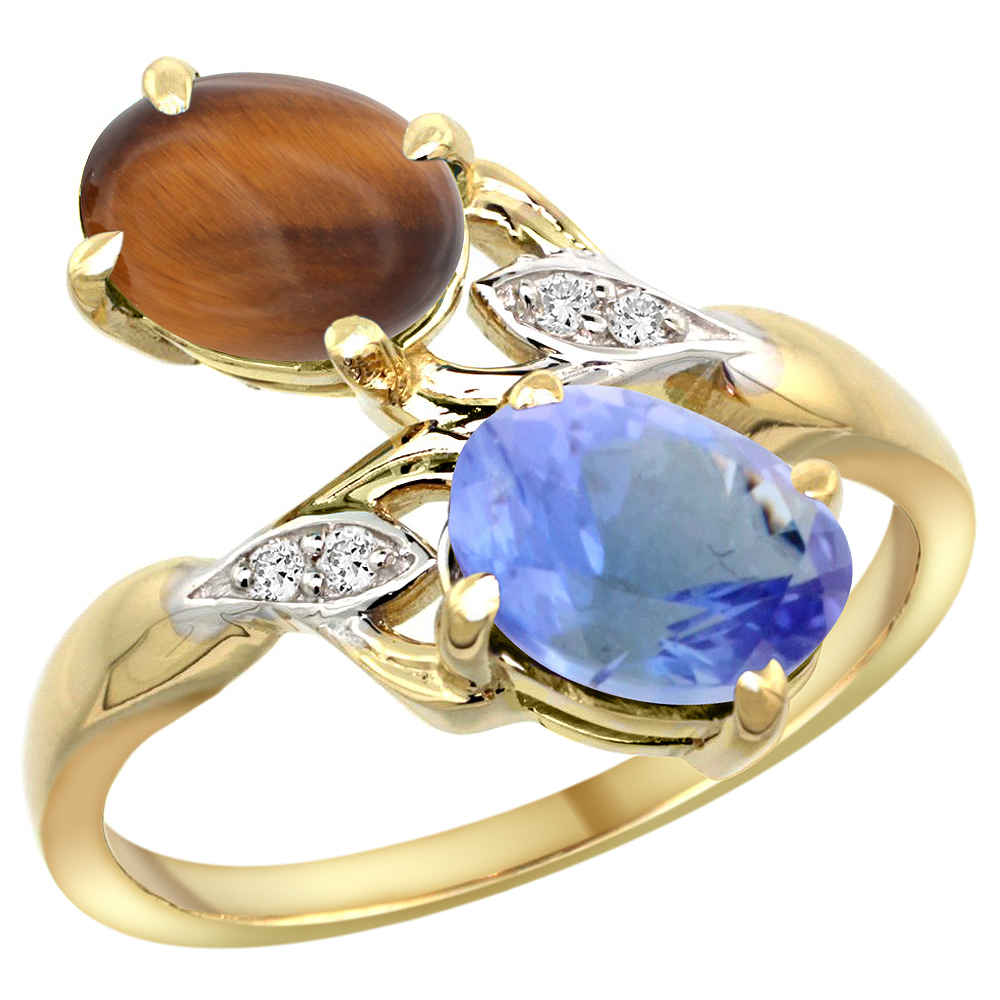 14k Yellow Gold Diamond Natural Tiger Eye &amp; Tanzanite 2-stone Ring Oval 8x6mm, sizes 5 - 10