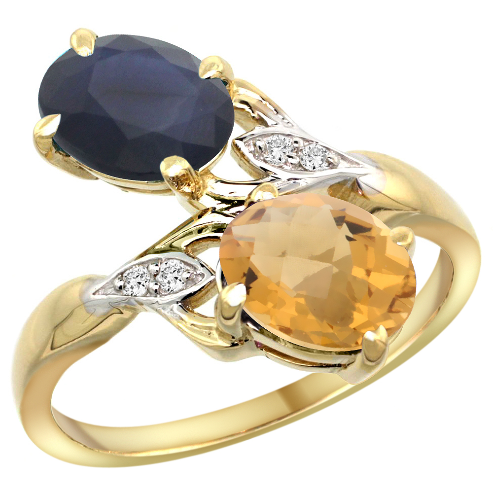 14k Yellow Gold Diamond Natural Whisky Quartz &amp; Australian Sapphire 2-stone Ring Oval 8x6mm, sizes 5 - 10