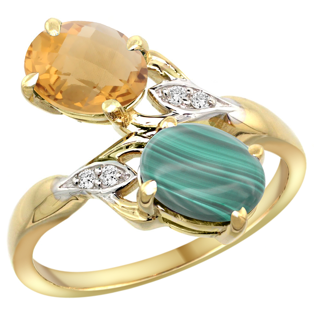 14k Yellow Gold Diamond Natural Whisky Quartz & Malachite 2-stone Ring Oval 8x6mm, sizes 5 - 10