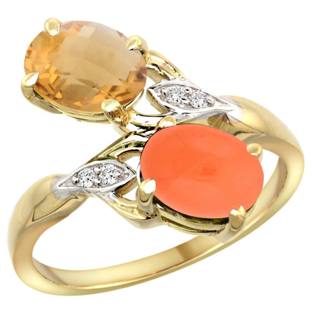 14k Yellow Gold Diamond Natural Whisky Quartz & Orange Moonstone 2-stone Ring Oval 8x6mm, sizes 5 - 10