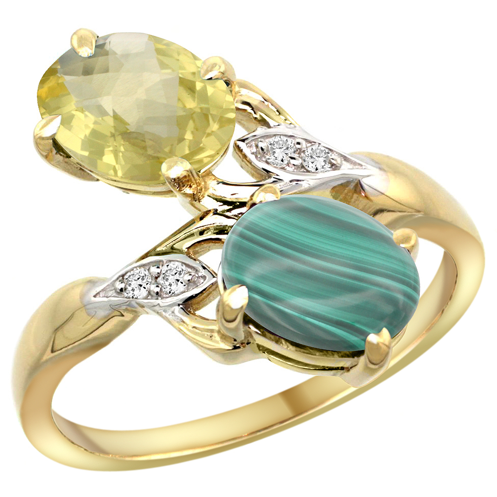 14k Yellow Gold Diamond Natural Lemon Quartz &amp; Malachite 2-stone Ring Oval 8x6mm, sizes 5 - 10