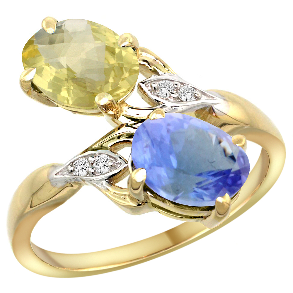 14k Yellow Gold Diamond Natural Lemon Quartz &amp; Tanzanite 2-stone Ring Oval 8x6mm, sizes 5 - 10