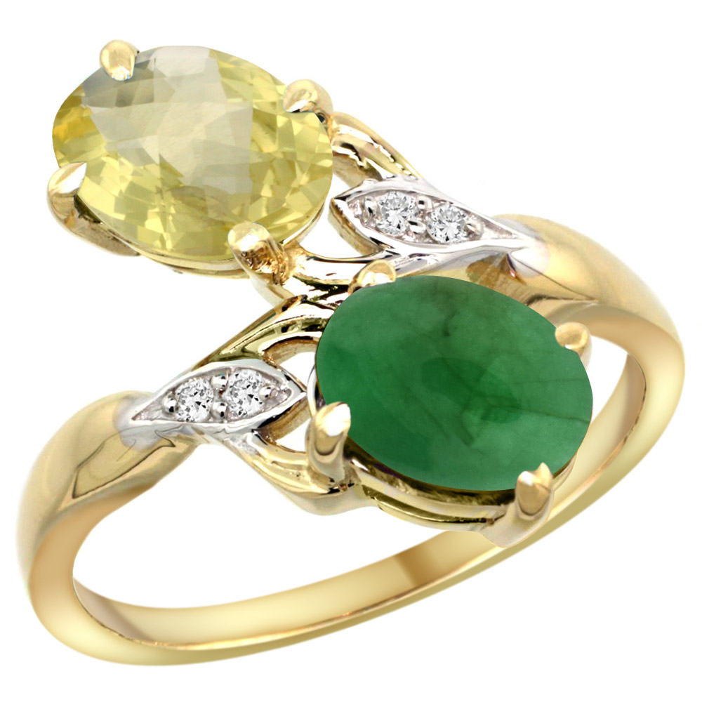 14k Yellow Gold Diamond Natural Lemon Quartz &amp; Cabochon Emerald 2-stone Ring Oval 8x6mm, sizes 5 - 10