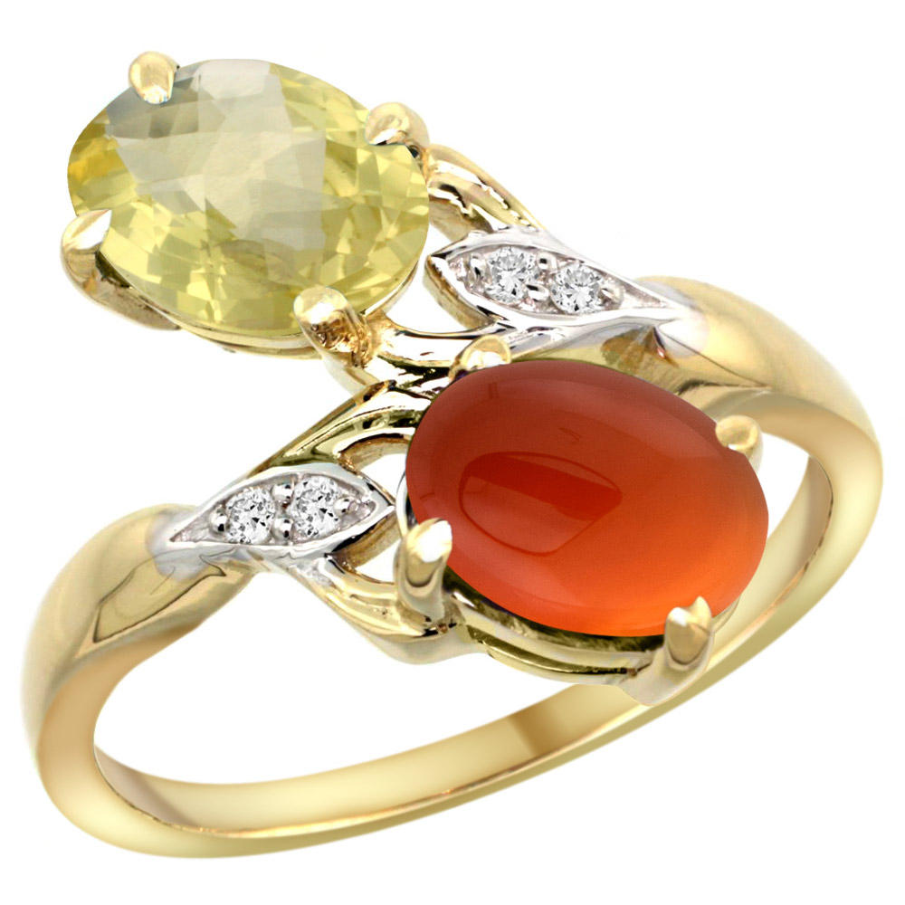 14k Yellow Gold Diamond Natural Lemon Quartz &amp; Brown Agate 2-stone Ring Oval 8x6mm, sizes 5 - 10