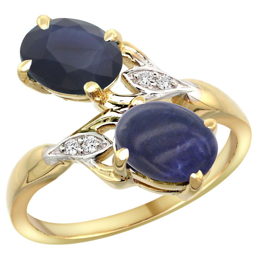 14k Yellow Gold Diamond Natural Australian Sapphire &amp; Lapis 2-stone Ring Oval 8x6mm, sizes 5 - 10