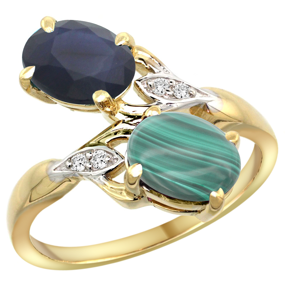 14k Yellow Gold Diamond Natural Australian Sapphire &amp; Malachite 2-stone Ring Oval 8x6mm, sizes 5 - 10