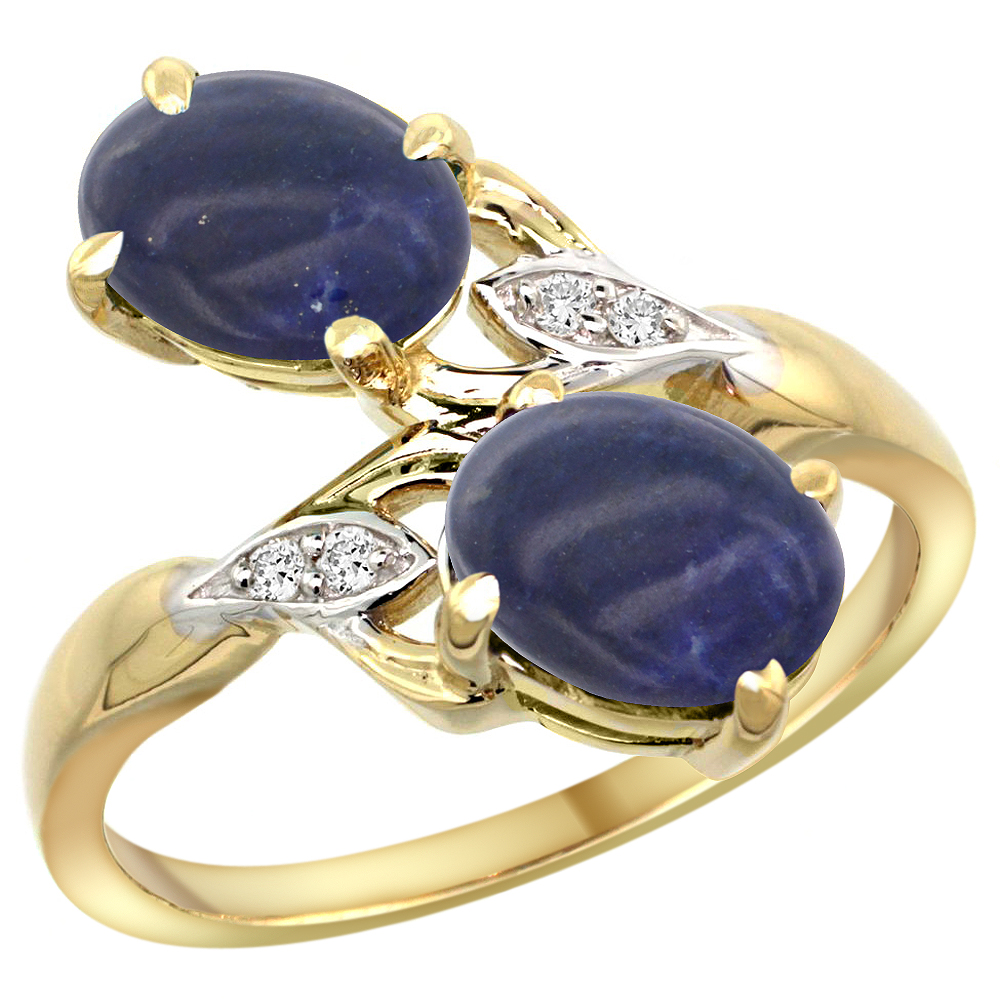 14k Yellow Gold Diamond Natural Lapis 2-stone Ring Oval 8x6mm, sizes 5 - 10