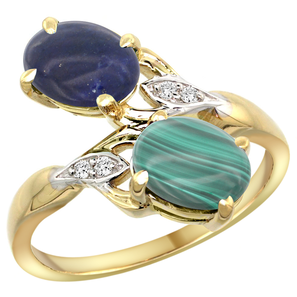 14k Yellow Gold Diamond Natural Lapis &amp; Malachite 2-stone Ring Oval 8x6mm, sizes 5 - 10