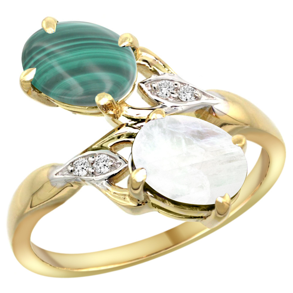 14k Yellow Gold Diamond Natural Malachite & Rainbow Moonstone 2-stone Ring Oval 8x6mm, sizes 5 - 10