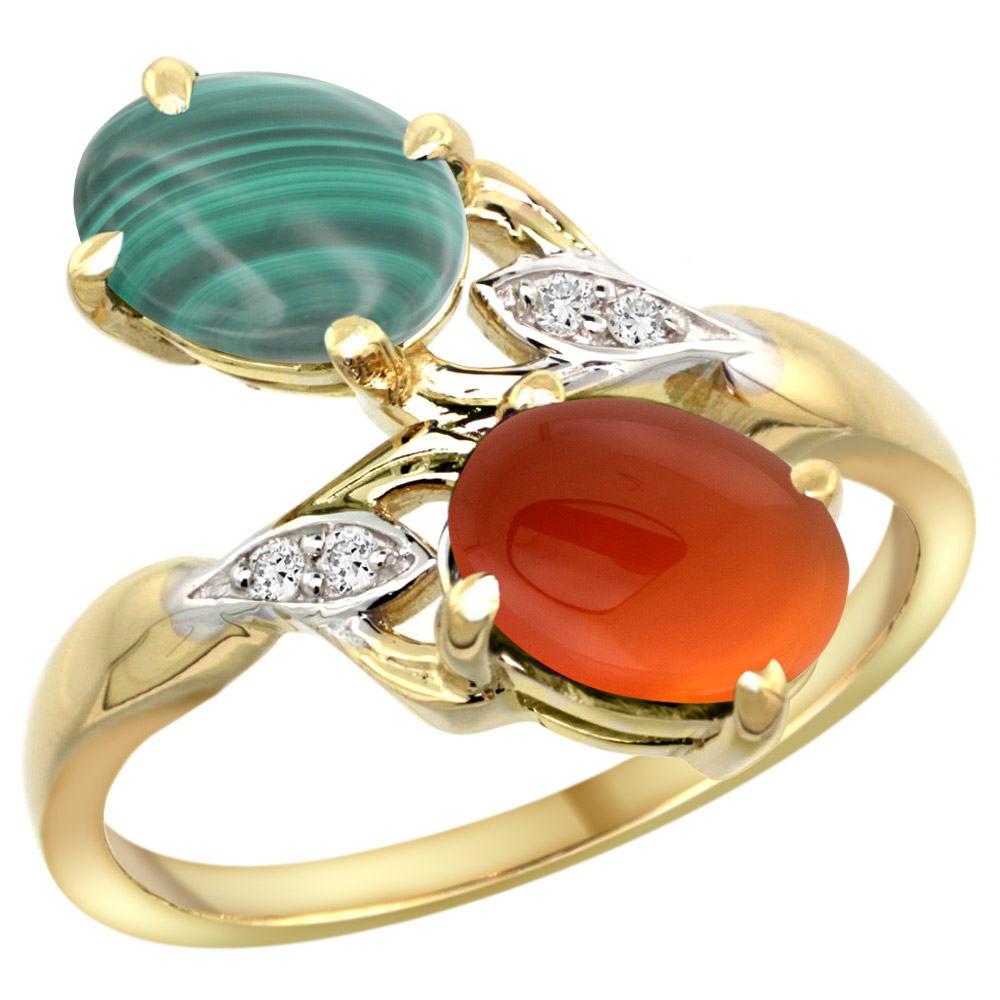 14k Yellow Gold Diamond Natural Malachite & Brown Agate 2-stone Ring Oval 8x6mm, sizes 5 - 10