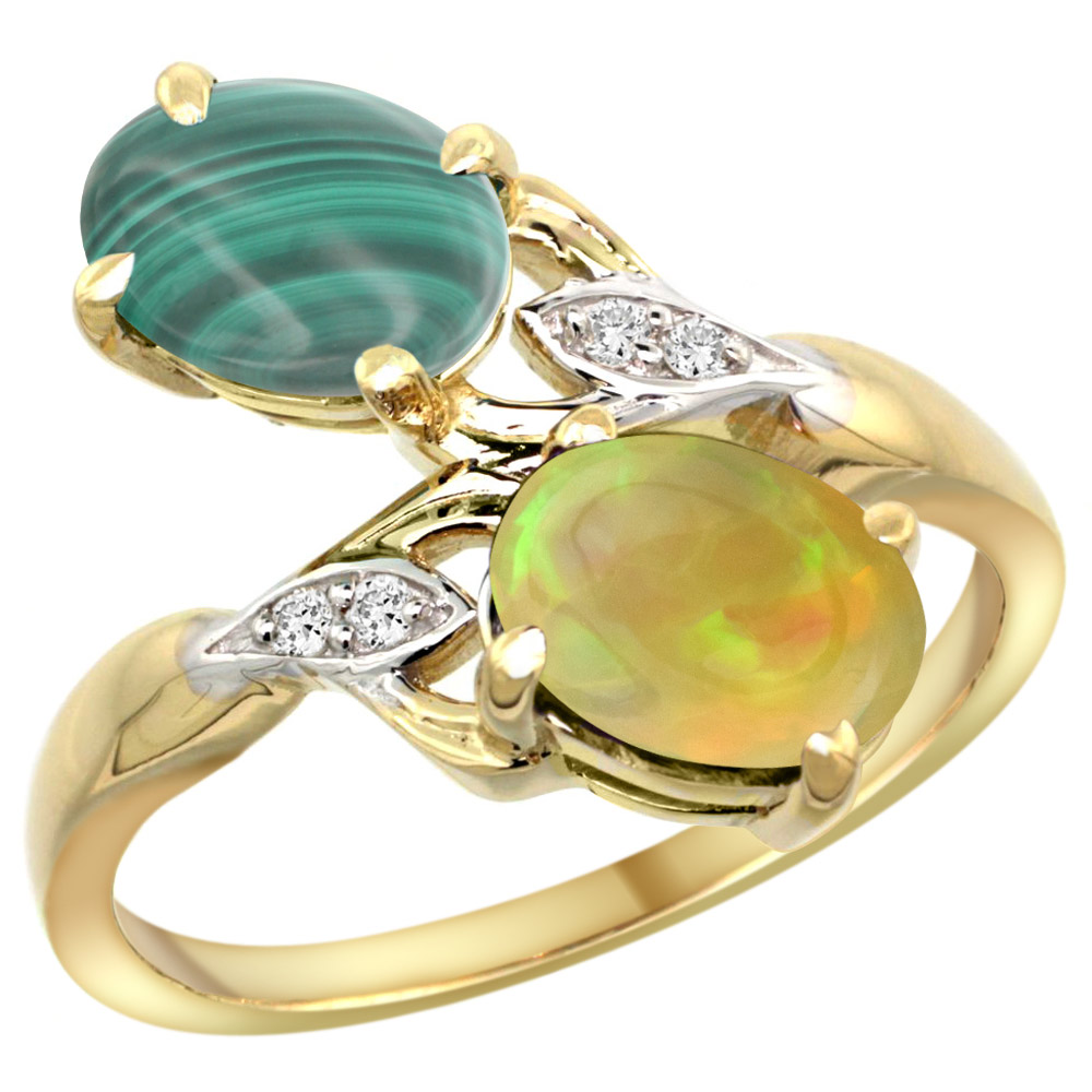 14k Yellow Gold Diamond Natural Malachite & Ethiopian Opal 2-stone Mothers Ring Oval 8x6mm, size 5 - 10