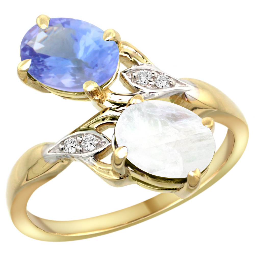 14k Yellow Gold Diamond Natural Tanzanite &amp; Rainbow Moonstone 2-stone Ring Oval 8x6mm, sizes 5 - 10