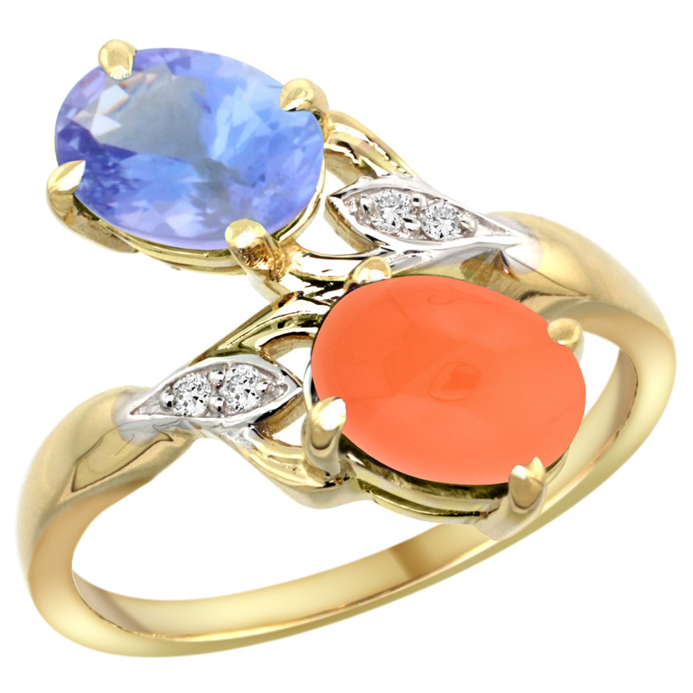 14k Yellow Gold Diamond Natural Tanzanite &amp; Orange Moonstone 2-stone Ring Oval 8x6mm, sizes 5 - 10